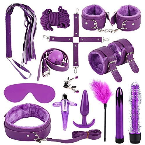 Kits de Bondage 14 Pièces SM Erotiques Set Adultes Toy Parfait pour Les Débutants Menottes et Plug Anal Grossier pour Sex Toys Erotiques pour Couple Jouets Sexuels (Violet)