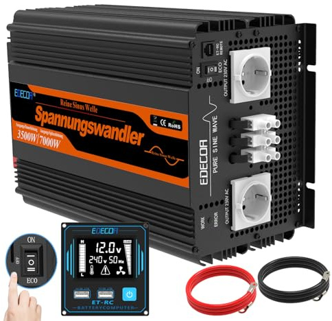 EDECOA Wechselrichter 12v auf 230v Reiner Sinus 3500w ECO Modus Spannungswandler mit Fernbedienung 2xUSB Für Wohnmobil Camping Auto kfz Power Inverter wandler kurzfristige Spitze 7000w