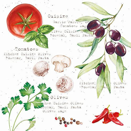 20 Servietten Zutaten zum kochen | Tomaten | Oliven | Kräuter | Pilze | Tischdeko | Decoupage | Serviettentechnik 33x33cm