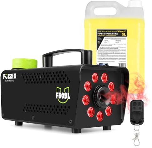 Fuzzix F509L Disco Fog Machine with RGB LED Lights, Wireless Remote Control & 5L Yellow Smoke Fluid – Party Fogger for Halloween, DJ Events, House Parties & Small Venues