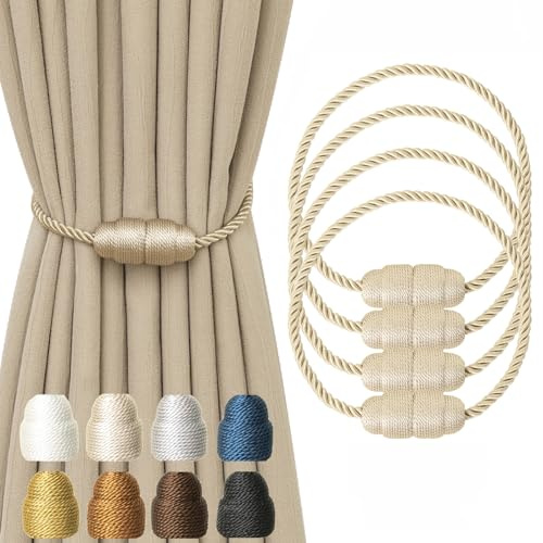 Contoeey Magnetic Curtain Tiebacks Rope Curtain Tie Backs for Curtains 4 Pack Curtain Holders for Drapes Decorative Window Curtain Holdbacks, Beige