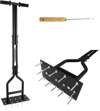 AIQII Aireador para césped, aireador de césped para suelos compactados y césped con herramienta de limpieza, mango en T antideslizante, equipado con 15 clavos de acero macizo para césped o patio