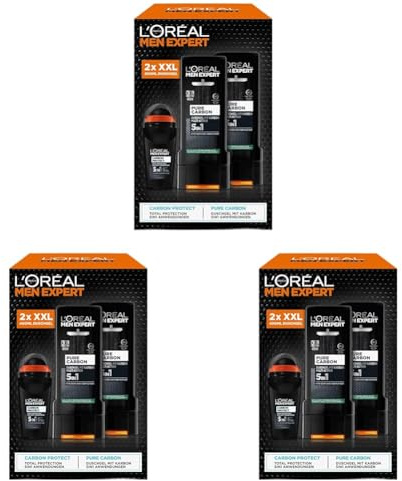 L'Oréal Men Expert Geschenkset für Männer mit 5-in-1 Deodorant und XXL 5in1 Duschgel für Haar, Körper und Gesicht, Vorteilspack mit Carbon Protect Deoroller und Pure Carbon Bodywash, 3-teilig