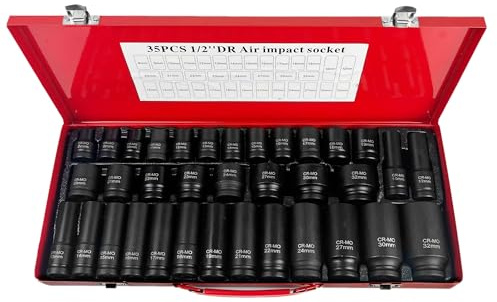 Brave Tools 35-Piece 1/2 Square Drive Deep Impact Socket Set, Chrome Molybdenum Steel, 8-32mm, Corrosion Resistant with Case - Professional Grade for Mechanics