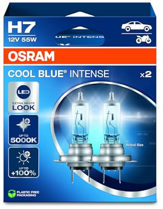 OSRAM COOL BLUE INTENSE H7, +100% di luminosità in più, fino a 5.000 K, lampada frontale alogena, aspetto LED, scatola pieghevole sospesa (2 lampade)