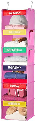 Handy Laundry Hanging Clothes Organizer for Kids - 6-Shelf Closet Daily Clothing Organization Labeled Shelves with Days of The Week Monday Through Friday, Weekday and Weekend (Pink)