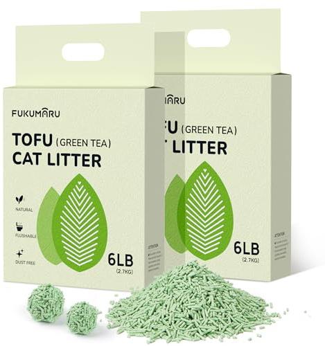 FUKUMARU Lettiera per Gatti al Tofu 5.4 kg - Lettiera Agglomerante per Gatti, Controllo degli Odori con Aroma di Tè Verde, Senza Polvere e Facile da Agglomerare, Smaltibile nel WC.