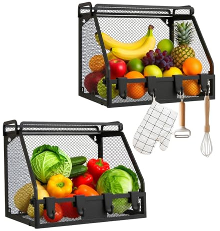 Paquete de 2 cestas de frutas para cocina, apilables, montadas en la pared, cestas de alambre de metal con tapa de madera, cesta de almacenamiento colgante, cuenco de frutas, organizador de encimera