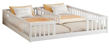 Goldicoo Montessori Lit de sol 90 x 200 cm pour 2 enfants, lit d'enfant avec protection anti-chute et sommier à lattes, lit à barreaux, bois