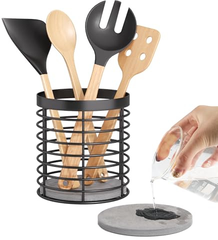 DTONIMA Utensil holder - Large Round Utensils Holder with Diatomaceous Base Matte Black Cooking Utensil Holder,Kitchen countertop Utensil Organizer (Metal)