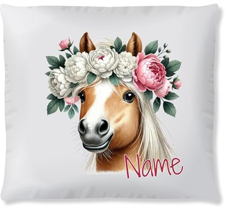 GRAZDesign Personalisiertes Kinderkissen mit Pferd und Blumenkranz – Individuelles Namenskissen für Kinderzimmer – Weiches Deko Kissen