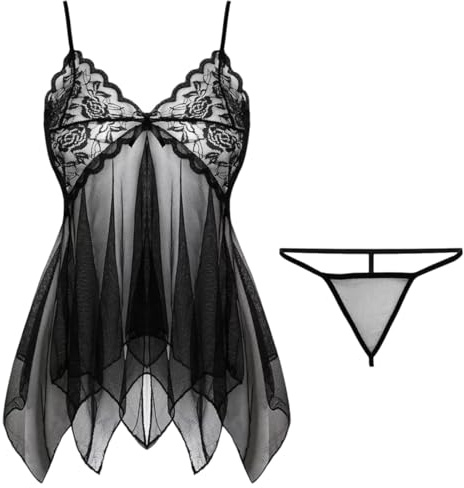 Picardías Sexy Conjunto de Lencería para Mujer, 1 artículo Camisones Transparente de Encaje Pijama, Interior sin Espalda Ropa de Dormir Cuello V Babydoll Lazo de Cordones