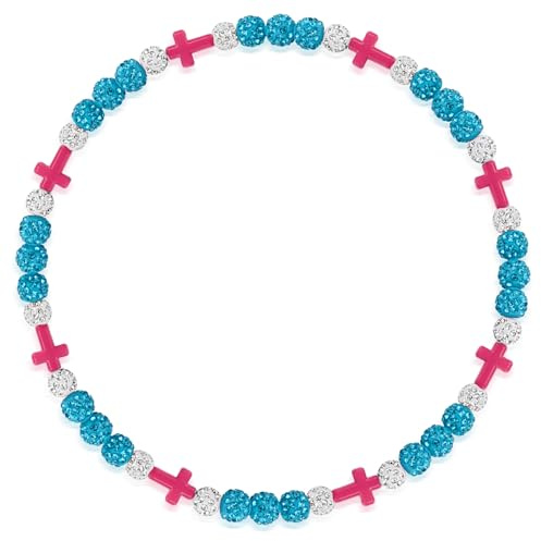 Beaded Baseball Necklace | Adjustable Sports Rope Chain with Baseball Cross Charm - Great Baseball Drip Gift for Players and Fans (Lt-Blue White Pink, 18 inch)
