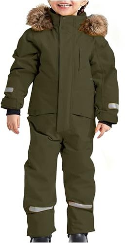 Tuta da sci termica per ragazze e ragazzi, tuta da sci invernale calda, antivento, con cappuccio rimovibile, adatta per esterni, in softshell, spessa, Verde scuro, 14-15 Years