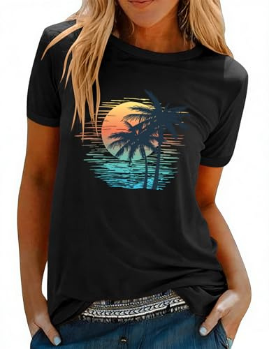 PASUDA T Shirt Donna Maglietta Manica Corta Cotone Top Estiva con Scollo Rotondo Magliette Stampata Maniche Corte Blusa Casual Ampia Tee Abbigliamento Estivo Moda (Nero Palme Tramonto, L)