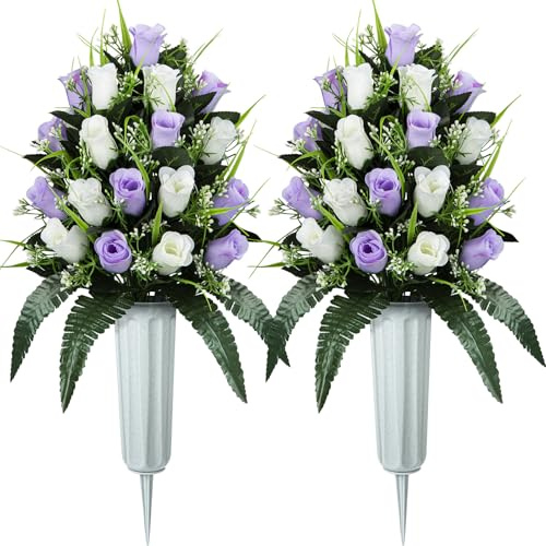 SIFOEL 2 unidades de cementerio conmemorativo artificial, ramo de rosas con jarrón para decoración de lápidas de cementerio (morado claro y blanco)