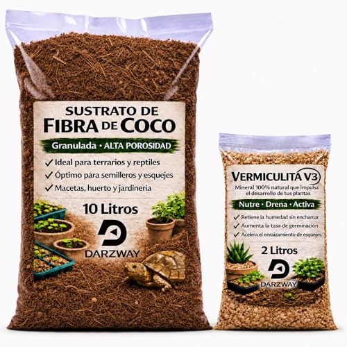 DARZWAY Fibra de Coco 10 L + Vermiculita 2 L – Sustrato para Plantas, Semilleros y Macetas – Huerto Urbano y Cultivo – Retiene Humedad y Mejora Aireación – Apto para Terrarios y Reptiles
