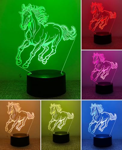 BIRBANN Lámpara Caballo 3D Ilusión Óptica, Luz Nocturna LED Niños, Regalo Sorpresa Cumpleaños Navidad, Ambiente Relajante para Dormitorio Infantil