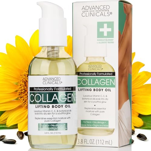 Advanced Clinicals Huile de collagène pour le corps avec vitamine C, vitamine E pour cou, décollete, haut des bras, cuisses 112 ml