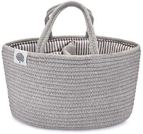 Parker Baby Rope Diaper Caddy Organizer - Nursery Storage Bin and Car Organizer for Diapers and Baby Wipes - Diaper Organizer for Baby Essentials, Baby Shower Gifts - Gray