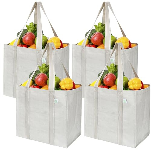 VENO Pack de 4 Bolsa de la Compra Reutilizable con Fondo Duro Reforzado, Correa, Plegable, Se Sostiene Vertical, Bolsa Multiuso Resistente, Bolsa de Utilidad para Todo (Beige,Pack de 4)