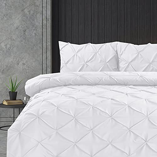 Linen Home Pintuck White Duvet Set Pinch Pleat Soft Microfibre Double Bed Quilt Cover with 2 Pillowcases, Easy Care Wrinkle Free Bedding Set of 3 Pcs (White, Duvet Cover Set)
