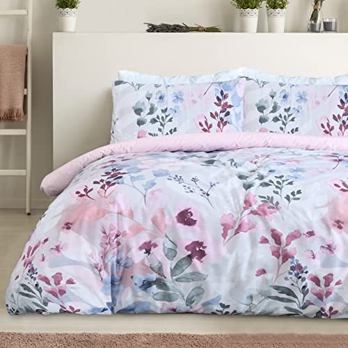 Sleepdown Botanical Leaves Floral Blush Pink Blue Reversible Duvet Cover Quilt Pillow Cases Bedding Set Soft Easy Care - King (230cm x 220cm)