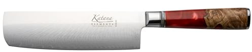 Katana Saya Elements 18 cm Nakiri-kniv, vulkanröd – Högkolhaltigt VG-10 Damaskusstål för extrem hårdhet och skärpa – Handtag i naturligt olivträ och harts