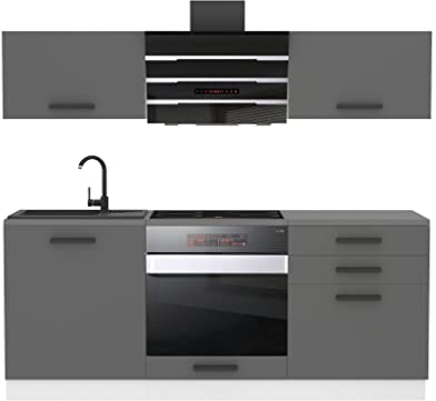 Belini Küchenzeile Küchenblock Sophia - Küchenmöbel 180 cm Einbauküche ohne Elektrogeräten mit Hängeschränke und Unterschränke, ohne Arbeitsplatten, Silber matt