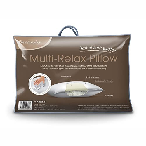 Multi-Relax, Dual Layer Reversible Pillow, Half Memory Foam & Half Super Soft Hypo-Allergenic Hollowfibre, Medium & Firm Support, Side & Back Sleeper 230TC Cotton, Made In UK