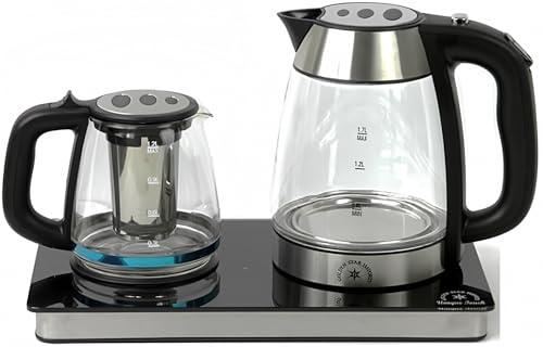 Middle Eastern Persian Iranian Russian Arab Turkish Style Electric Cordless Tea Maker Samovar Stainless Steel Glass Double Kettle Smart Keep Warm Tray Plate (Classic)