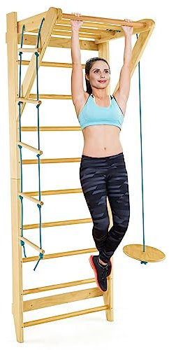GYMAX Espalier en Bois Multifonctionnel, avec Barre de Traction, Échelle de Corde et Trapèze, Charge 100 kg, Échelle de Gym avec Dispositif Antibasculement, pour Maison Gymnastique, Salle de Gym