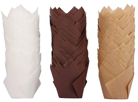 175 tulpanformade bakformar, tre färger (mörkbrun, ljusbrun, vit), muffinsformar för kakor, fettfria förpackningsformar, för födelsedagsfest