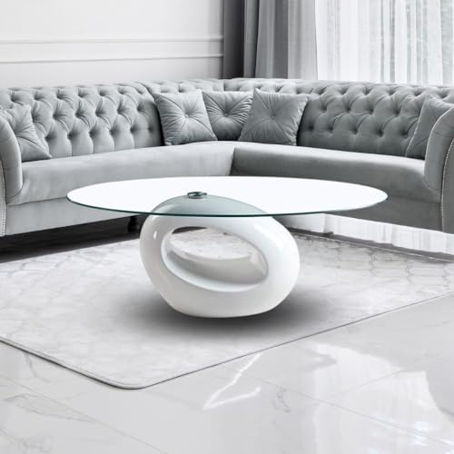 Table basse 115x65 cm avec plateau ovale en verre et cadre blanc brillant - Miranda