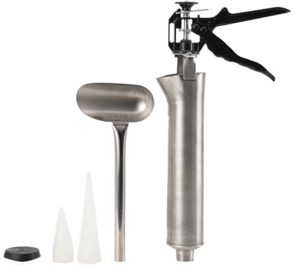 L-home Hand Mörtelpresse, Verfugen Mörtel Mörtelspritze Mörtelpumpe Fugenpistole, Edelstahl Betonspritze mit 2 Düsen für Zementapplikator Bauindustrie, Schwarz, 58x22cm