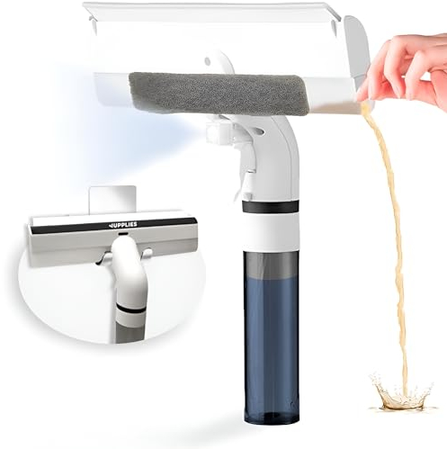 JUPPLIES Limpia Cristales 3 en 1 Profesional, Limpiador de Cristales Que Pulveriza, Limpia y Absorbe, Limpia Ventanas, Limpia Mamparas Ducha, Rasqueta (Limpia Cristales + 2 Recambios)