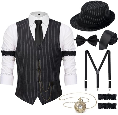 YESSA 20er Jahre Kostüm Herren 20er Jahre Accessoires Gatsby Herren-1920er Hut Weste Taschenuhr Krawatte,20er Herren Outfit