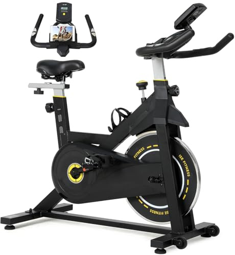 ISE Bicicleta Estática Ajustable Resistencia, Bici Estatica con LCD Pantalla, Soporte para teléfono móvil, Ipad y botella, Bicicleta Profesional, Sillín y Asa Ajustable, Max.120KG