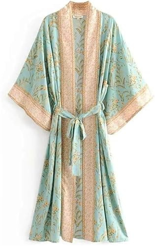 FENXIXIONE Albornoz largo tipo kimono para mujer, con estampado floral, cárdigan de playa, bata tipo kimono, cubierta de bikini, satén de seda, vintage, ropa de noche, bata de baño (verde, S)
