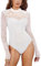MAYFASEY Women's Floral Lace Bodysuit Mock Neck Long Sleeve Sheer Mesh Bodysuits Going Out Tops, White, L
