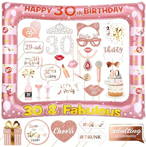 ROSE GOLD 30th birthday Inflatable Photo Booth Selfie Frame & Props Set Giant Selfie Photo Booth Picture Frame Photo Props Blow Up Photo Frame for 30 Years Old Birthday Party Decoration Supplies
