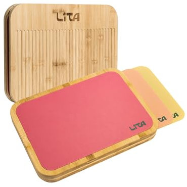 Tabla Cortar Cocina Bambú Madera Doble Cara Antibacteriana Higiénica Con 3 Alfombrillas Intercambiables PP Sin BPA Flexibles Antideslizantes Para Pan Carne Pescado Verduras Quesos Multifuncional LITA