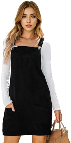 Runstarshow Corduroy Dresses for Women UK Ladies Pinafore Dress Mini Sleeveless Dress Cute Cord Dungaree Dress with Pockets Suspender Sundress S-XL/UK 8-14 Black