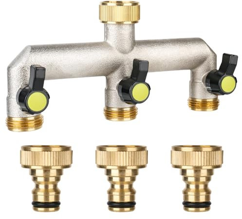 Brass 3-Way Garden Hose Splitter, 3/4 Water Tap Distributor With Ball Valves for Outside Watering System and Multi Connector Fittings