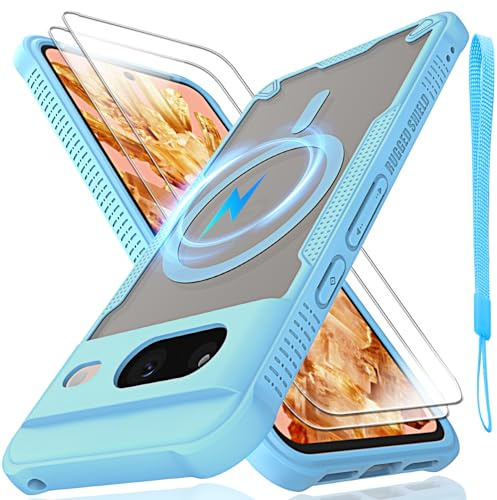 Htlhpxx for Google Pixel 8 Magsafe Phone Case 6.2-inch-Blue | Translucent Matte Back with Magsafe Magnetic Slim Shockproof Protective Case and Lanyard Strap/2*9H Screen Protector