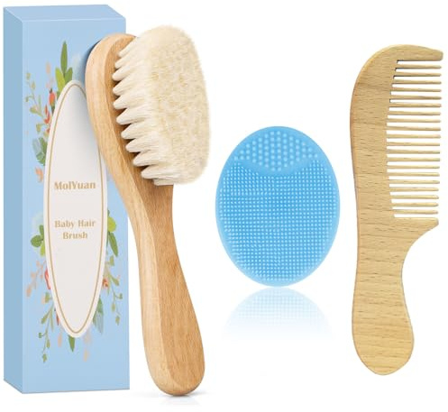 MolYuan Lot de 3 brosses à cheveux et peignes pour bébé, poils de chèvre et brosse à cheveux en silicone bleu pour berceau (Bleu Brosse en silicone)
