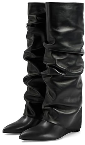 MICIFA Women's Fold Over Boots Slouch Knee High Boots for Women Wedge Heel Pull-on Pointed Toe Wide Calf Tall Shoes Black