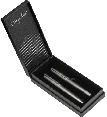 Set d'écriture élégant en aluminium recyclé brossé doré mat – Stylo à bille avec mécanisme rotatif et stylo roller écriture bleue | Boîte cadeau pliante de qualité supérieure | Set d'écriture de