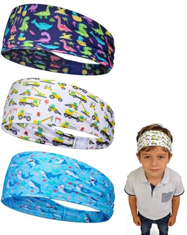 WINXMIN 3 Piezas Diadema Deportiva para Niños, Diadema Transpirable, Diadema Turbante Elástica para Correr, Andar En Bicicleta, Entrenar, Fútbol,Dinosaurios/Vehículos construcción/Tiburones