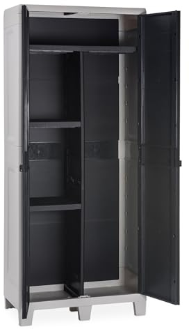 Toomax Armadio Portascope Woody's XL 78x46x182h cm in plastica resistente effetto legno grigio chiaro/antracite, 4 ripiani regolabili, piedini e predisposizione per lucchetto, per ripostigli e garage